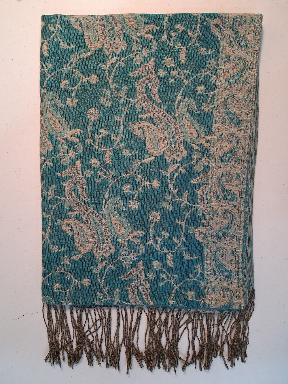 Pashmina Extra Large Teal and Cream Paisley/ Floral Silk & Cashmere Wrap Scarf